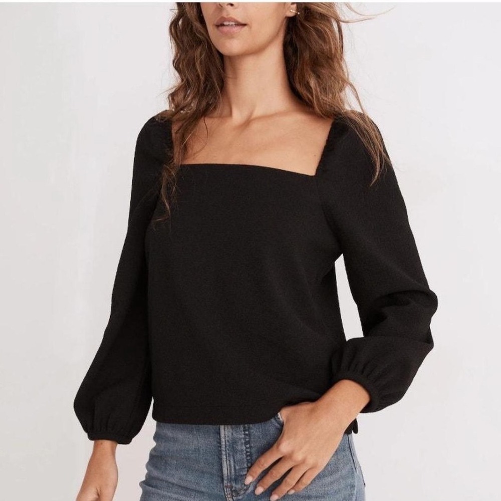 Madewell | Women's Black Smocked Cotton Gauze Long Sleeve Square Neck Top, 6
